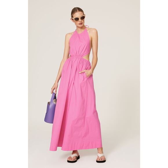 RTR Staud Pink Apfel cut out long Halter Open Tie Back Maxi Dress Size Large - Picture 1 of 7